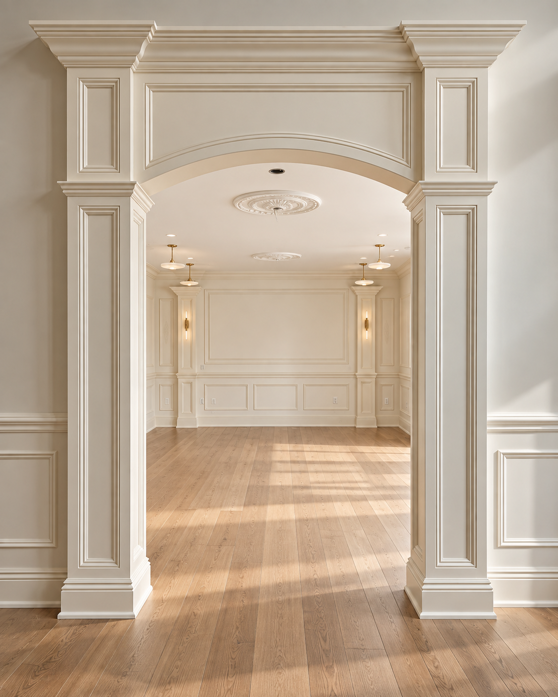 Detailed arched opening with layered crown molding, wall panels, columns, and warm wood flooring.