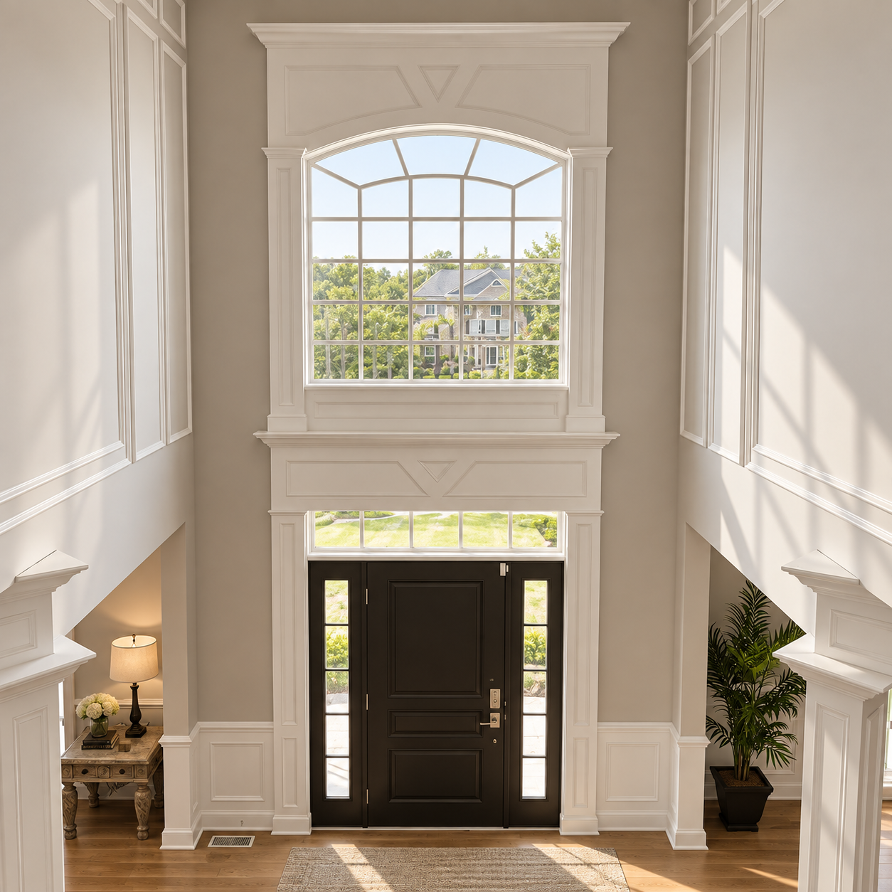 Two-story entry with extensive wall panel molding, detailed window surround, and a black front door.