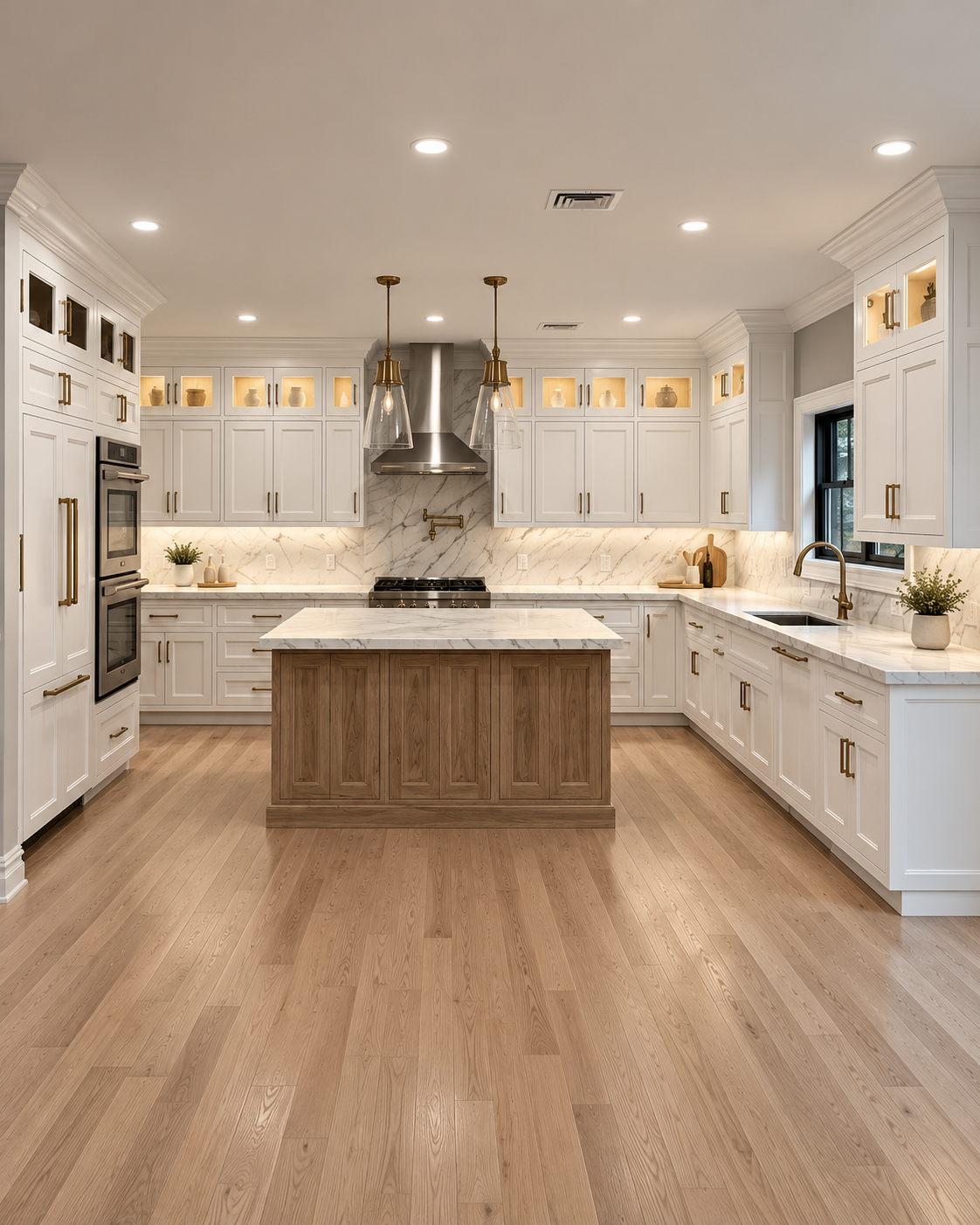 Bright custom kitchen with white cabinetry, illuminated display cabinets, a wood island, and brass hardware.